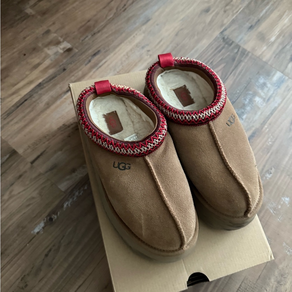 UGG Tan and Red Cozy Mules